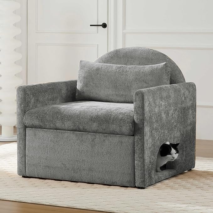 Single Sofa ChairModern Chenille ArmchairLounge Chair with Cat DedGray Chairs for Living Room BedroomRemovable Washable Covers