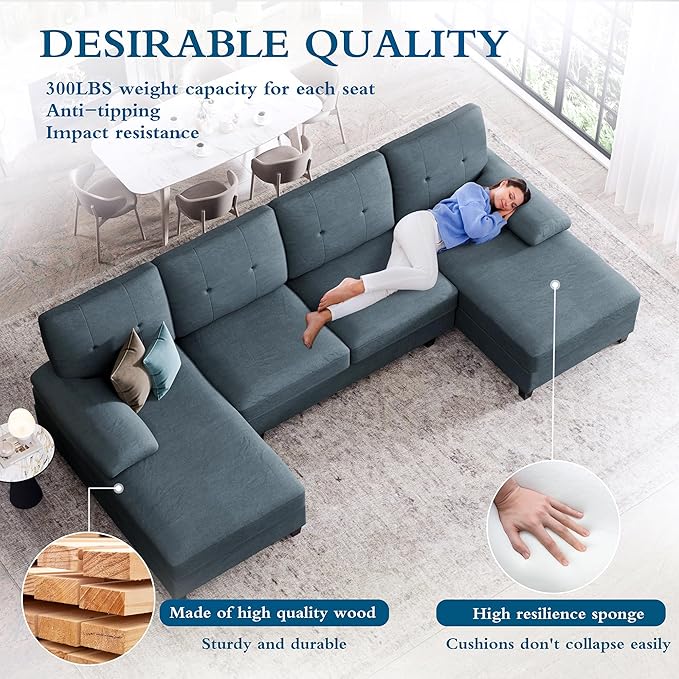 SUNLEI Sectional Couches for Living Room U Shaped Sectional Sofa Couch with 50.4 D Double Chaise and 4 Seat with Linen Fabric Modern Living Room Furniture Sets Dark Grey