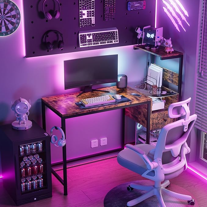 Computer Desk with Power Outlet &amp Storage Shelves Study Writing Table with USB Ports Charging Station PC Desk Workstation for Home Office Brown
