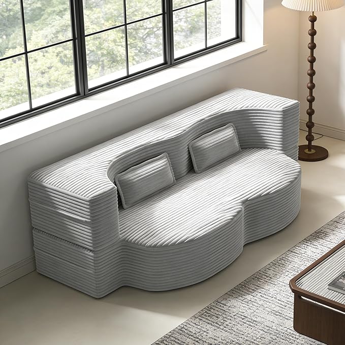 2 in 1 Convertible Compressed Sofa Bed 54'' Modern Boneless Loveseat Sleeper in a Box Floor Mattress Futon Couch No Assembly Needed Space Saving Light Grey Full 2 Pillows for Living Room