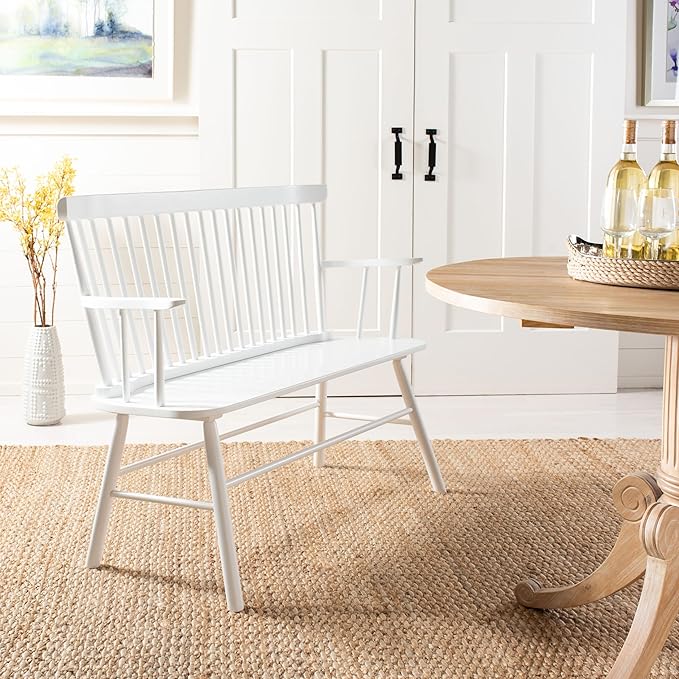 SAFAVIEH Home Collection – Addison White Solid Wood Spindle Back Loveseat Bench Farmhouse Settee for Entryway Living Room or Dining Area (AMH8513B)