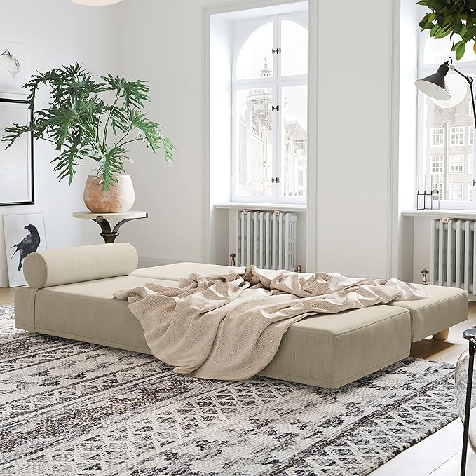 Jaxx Alon Daybed - Fold-Out Sleeper Chaise with Premium Memory Foam Queen-Size Mattress - Made in The USA - Ivory