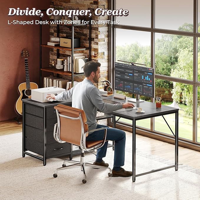 PRAISUN 43.3 Small Computer Desk with Power Outlets and USB-C Port Reversible L Shaped Corner Office Desk with 4 Fabric Drawers and 2 Height-Adjustable Shelves for Gaming Writing Grey