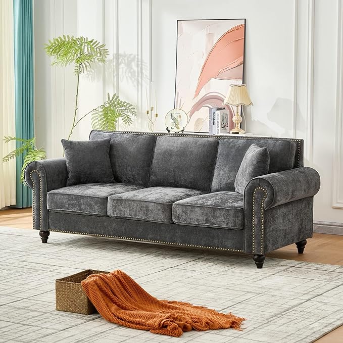 2-Piece Classic Chenille Living Room Sofa Set Chesterfield Sofa Set of 2 for Living Room - Traditional Rolled Arm Couch &amp Loveseat with Nailhead Trim Solid Wood Frame Earthy Tone Upholstery Gr