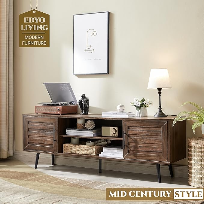 EDYO LIVING Mid Century Modern TV Stand for 65 TV Wood TV Stand with Storage Cabinet and Open Shelf Entertainment Center TV Console Table for Living Room Dark Walnut