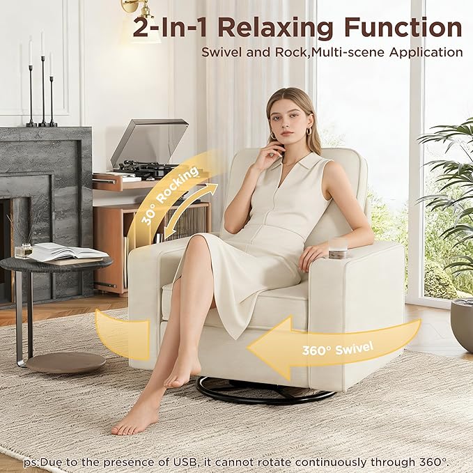 Swivel Square Accent Chair with Wide Armrests360° Rotating Comfy Single Sofa Chairs with USB/Type-CCup Holder &amp Side PocketModern Armchair for Living Room Bedroom Reading Lounge NookBeige Whit