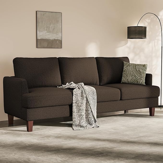 3 Seater Sofa Couch with Deep Seats 89 Mid Century Modern Upholstered Sofa with Armrests Comfy Couches for Living Room Bedroom and Office Linen Fabric Apartment Couch (Linen Brown)