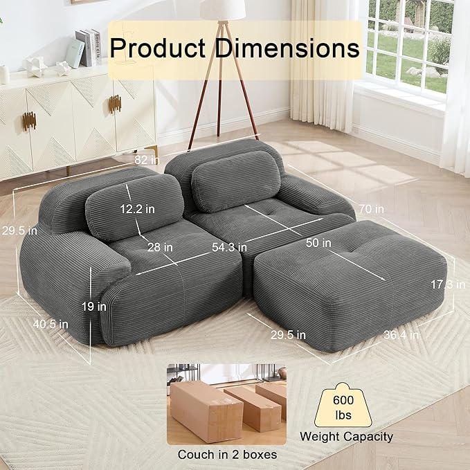 82 Foam Compressed Cloud Sofa28 Feep Seat Pet-Friendly Corduroy Oversize Sectional Couch with Movable Ottoman 2 Seater Modular Cloud Couch for Living Rooms Apartments Leisure RoomsGrey