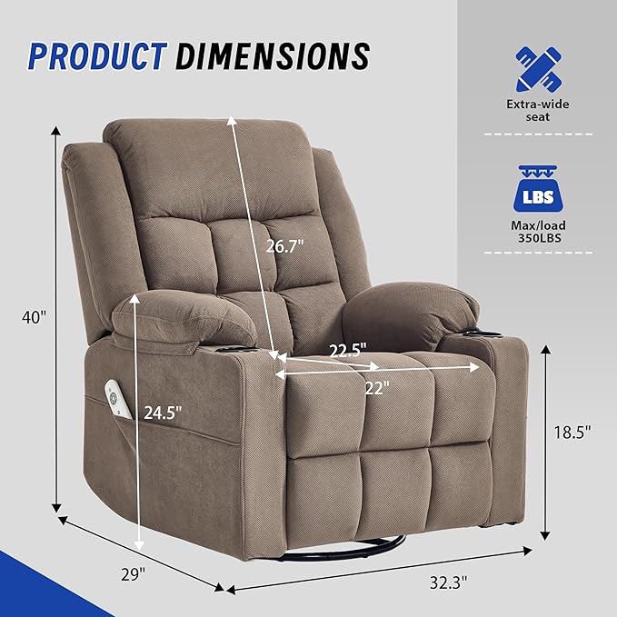 Swivel Recliner Chair for Adults with Massage and HeatManual Glider Rocking Recliner Chair with Cup Holds and PocketsReclining Rocker Chairs for Living Room R8817 (Coffee)