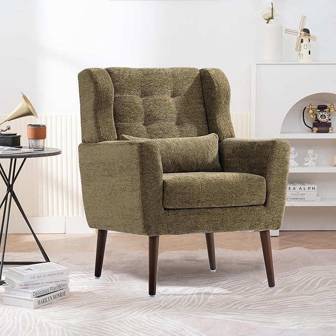 Modern Accent ChairChenille Arm Chairs for Living RoomUpholstered Mordern ArmchairComfy Soft Padded Lounge Chair in Small Space Bedroom wPillow Solid Wood Leg (Olive Green)