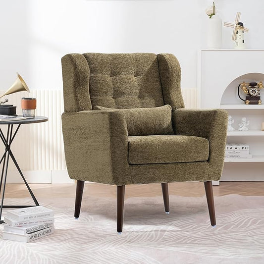 Modern Accent Chair Chenille Armchair for Living Room Upholstered Lounge Chair with Pillow Solid Wood Legs (Olive Green)