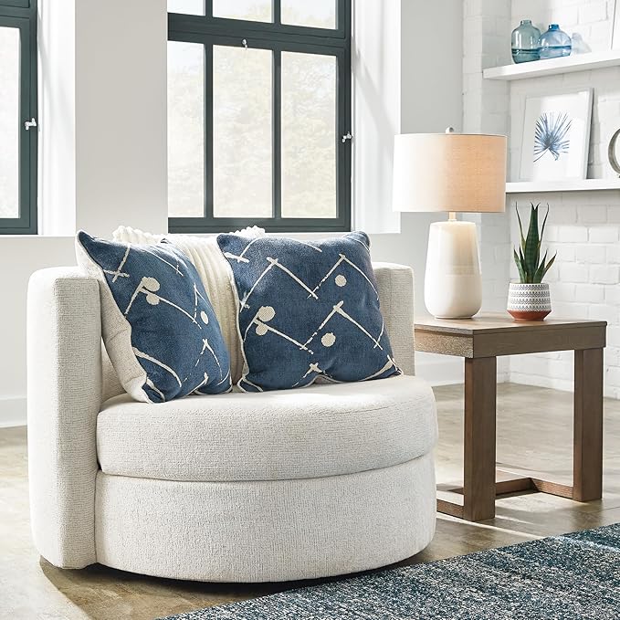 Signature Design by Ashley Padova Transitional Upholstered Swivel Accent Chair Reversible Seat Cushion 3 Complimentary Accent Pillows 360-Degree Swivel Ivory Fabric