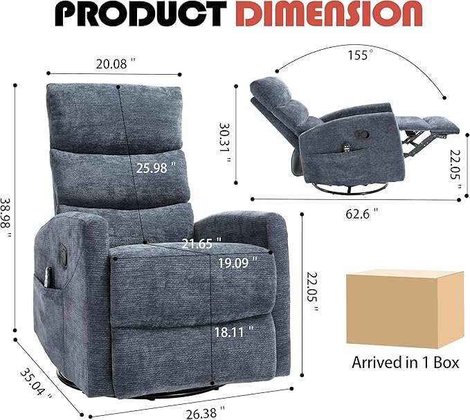 Manual Swivel Rocker Recliner Chair for Adults Overstuffed Reclining Glider Chair for Nursing with Vibration Massage &amp Heat Living Room Rocking Recliner 3-Stage backrest Chenille Fabric Blue