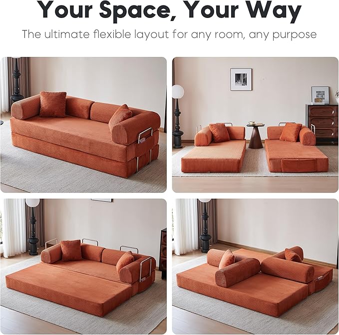 79 Convertible Sleeper Sofa Bed Modern Corduroy Floor Couch Bed with Fixed-Shape Frame Modular Sofa Couch with Pull Out Bed Boneless Loveseat Sleeper Couches for Living Room Orange