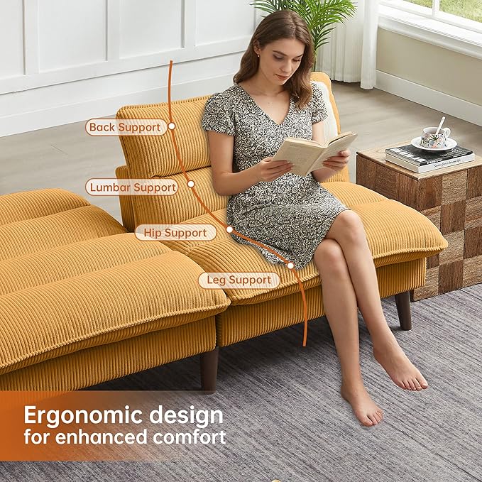Convertible Sofa Bed 72″ Fabric Couch with Adjustable Backrest Loveseat Recliner Sleeper Living Room Furniture futon Set for Apartment Small Space Yellow