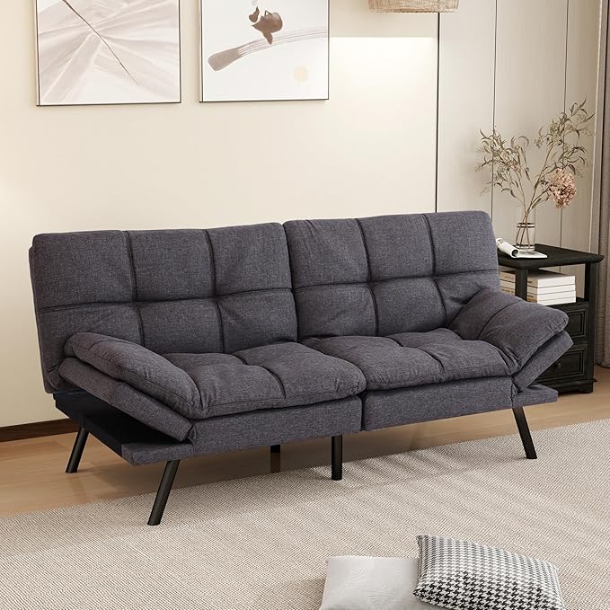 MUUEGM 71 Futon Sofa Bed Comfortable Memory Foam Futons Sofa with Adjustable Backrest &amp Armrests Convertible Loveseat Futon Bed for Compact Living Room Apartment Office Medium Grey