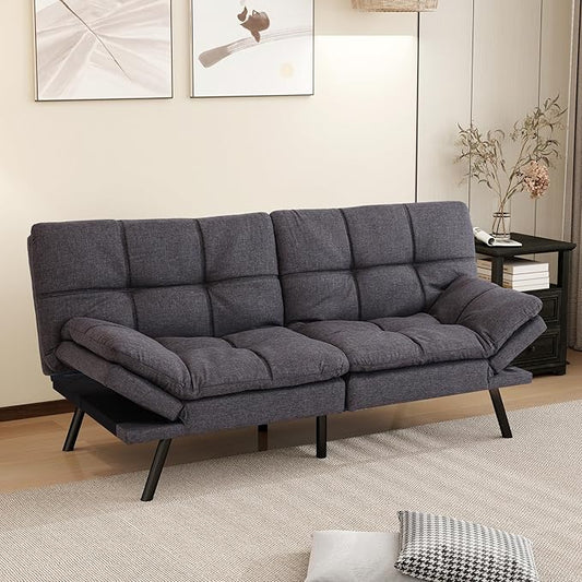 MUUEGM 71 Futon Sofa Bed Comfortable Memory Foam Futons Sofa with Adjustable Backrest &amp Armrests Convertible Loveseat Futon Bed for Compact Living Room Apartment Office Medium Grey