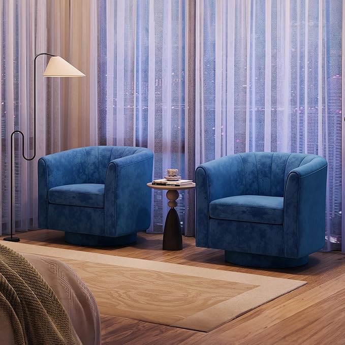 LINSY Swivel Accent Chair with Ottoman: Small Velvet Barrel Chair 360 Swivel Modern Armchair Upholstered Reading Chair with Footrest for Living Room Bedroom Study Room (Blue)