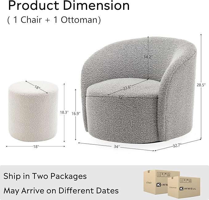 KINWELL 34 Boucle Swivel Barrel Chair with 18 Round Ottoman Set Fully Assembled Set of Sherpa Accent Chair and Footrest Modern Comfy Armchair and Footstool for Living Room and Bedroom Black White