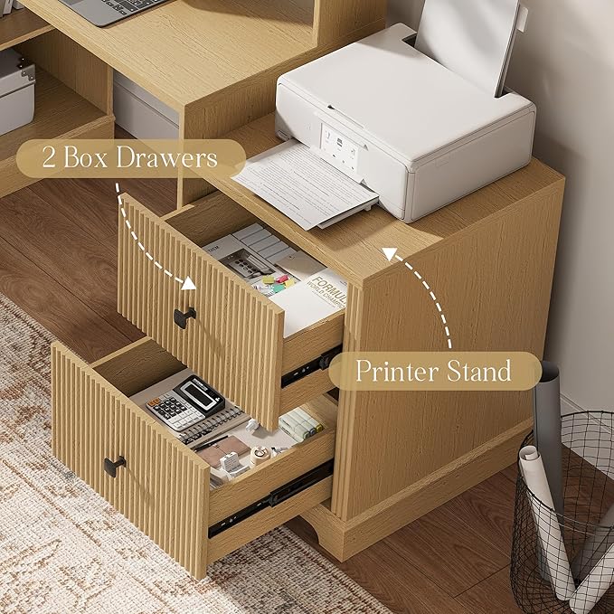 67 L Shaped Executive Desk with Drawers &amp Storage Shelf Corner Computer Desk with Power Outlets Home Office Desk with Monitor Stand Printer Shelf Computer Writing Desk for Work Oak