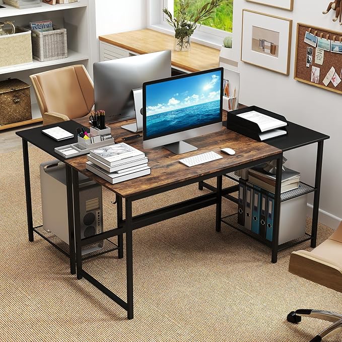 GOFLAME 59” Computer Desk Modern Simple Study Writing Desk with Built-in Power Outlet Removable Shelf &amp Side Headphone Hook Home Office Laptop PC Desk Gaming Table Workstation (Rustic Brown)