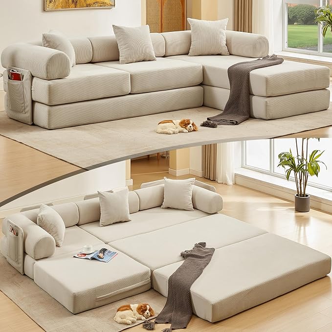 L Shaped Convertible Modular Sofa Bed with Cylindrical Pillow &amp Reversible Chaise Corduroy Folding Floor Sofa Couch Bed with Fixed-Shape Frame &amp Storage Pocket for Living Room Beige