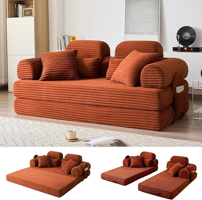 79 Boneless Couch with High Backrest Headrest Comfy Modular Foldable Floor Sleeper Sofa 5-in-1 Convertible Sofa Bed for Living Room Bedroom Lounge Studio Orange