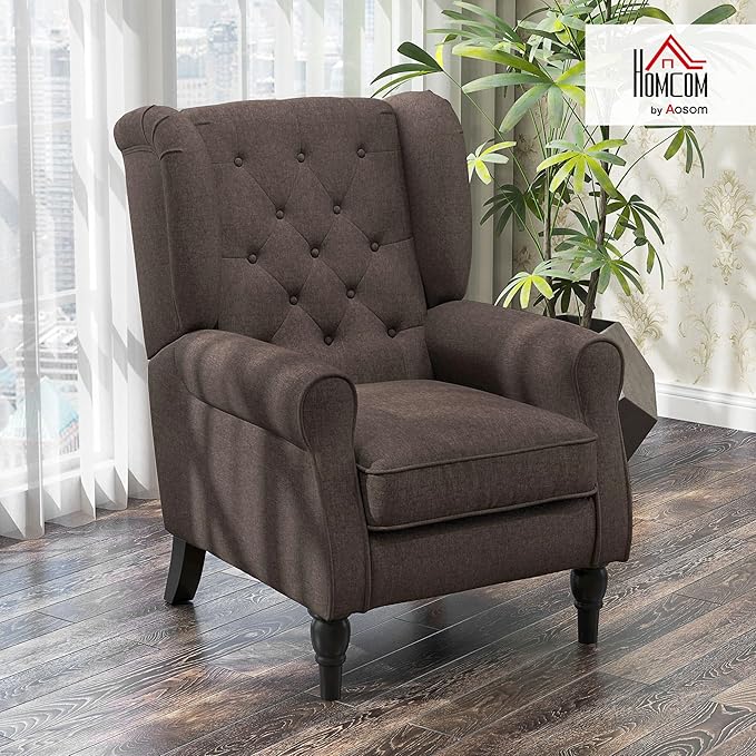 HOMCOM Mid-Century Modern Accent Chair High Wingback Chair Button-Tufted Upholstered Fabric Armchair with Retro Wood Legs for Living Room Bedroom Dark Brown