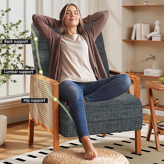 Alunaune Upholstered Natural Rattan Living Room Chairs Accent Chair Armchair Set of 2 Modern Slipper Club Chair Guest Reception Couch Comfy Single Sofa for Reading Bedroom-Grey