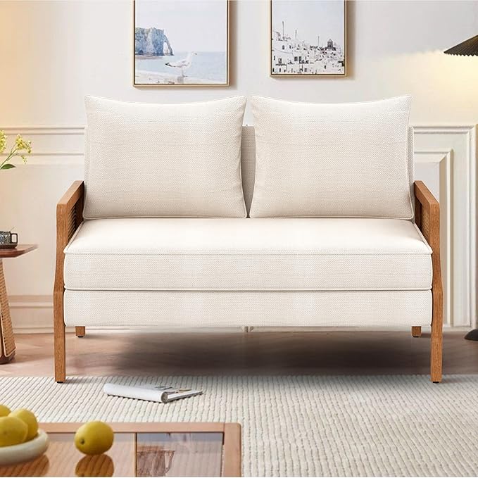 Aklaus 45 W Fabric Small Beige loveseat with Natural Rattan ArmsUpholstered Modern Mini Sofa Linen Couch Love Seat Settee Bench with Back for Living Room Bedroom Office Small Space Entryway Ivy