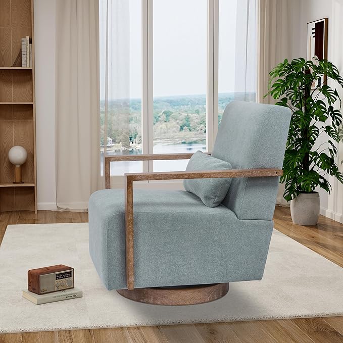 30.5 W Swivel Modern Fabric Upholstered Accent Chair with Solid Wood Armrests Comfy Lounge Reading Chair Side Armchair for Hotel Bedroom Living Room Office Nursery Room (Pale Green Linen)