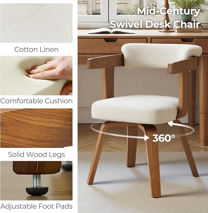 Art Leon Office Chair No Wheels - Mid Century Modern Desk Chair Fabric Upholstered Accent Arm Chair with Wood Legs for Small Spaces Home Office Living Room Bedroom Study Off White/Walnut
