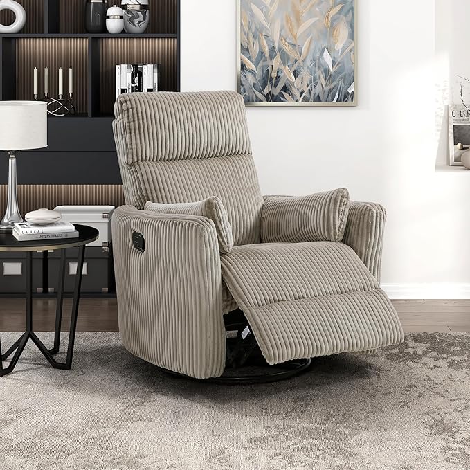 Lexicon Modern Swivel Glider Recliner Chair Nursery Glider Corduroy Fabric Upholstery Recliner with 2 Lumbar Pillows Manual Reclining Sofa Chair for Living Room/Office/Apartment Taupe