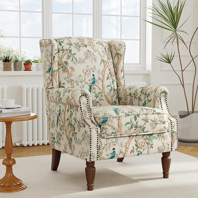 Floral High Back Accent Chair Upholstered Armchair with Solid Wood Legs Comfy Wingback Reading Single Sofa Chair for Small Spaces Living Room Bedroom(Floral Bird Set of 2)