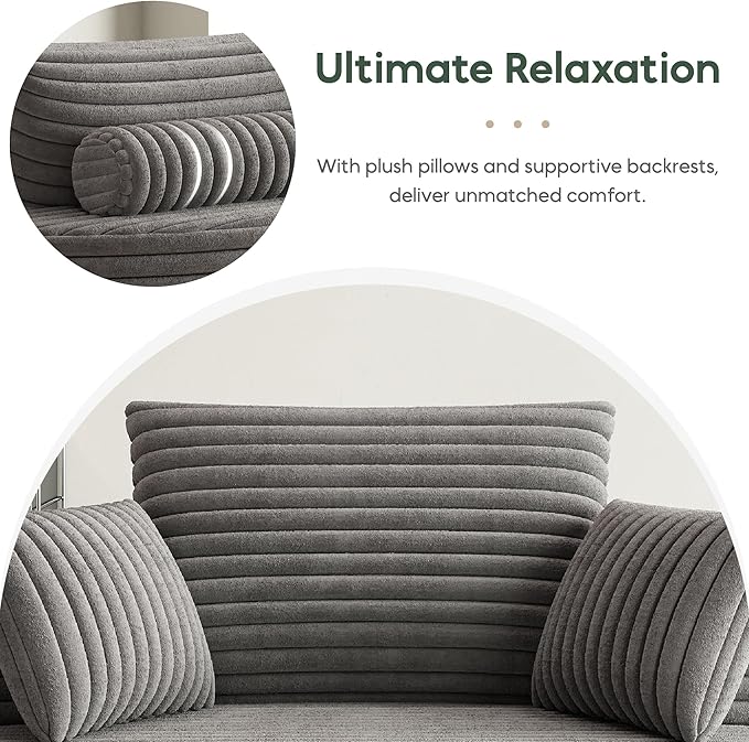 55 Oversized Round Swivel Chair 360° Corduroy Upholstered Barrel Sleeper Lounge Chair Deep Seat Single Sofa Armchair with Back Pillow Modern Accent Chair for Living Room Bedroom Grey
