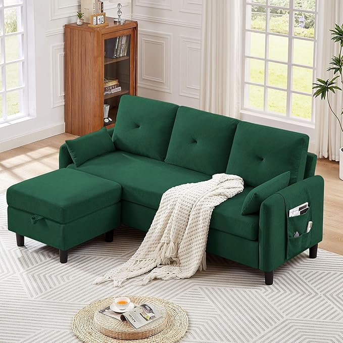 Small Sectional Sofa Convertible Sectional Sofa with Reversible Chaise Modern 3 Seat L-Shaped Sofa Couches for Living Room Apartment Office Green