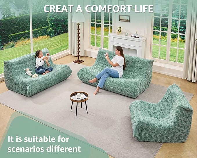 Bean Bag Chairs for Adults Giant Bean Bag Chair Memory Foam BeanBag Chair Bean Bag Sofa with Filler Faux Fur Fireside Beanbags Lazy Sofa for Living Room Bedroom Office (Green Chevron Single)