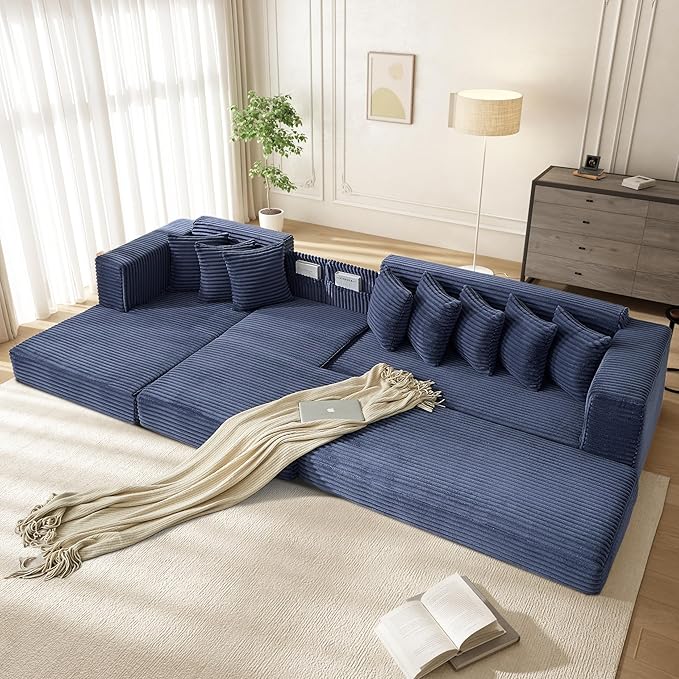 110 Boneless Couches for Living Room Cloud Modular Sectional Sofa Bed Customizable Convertible Sleeper Sofa Plush Corduory Folding Futon Floor Couch No Assembly(BlueLeft)