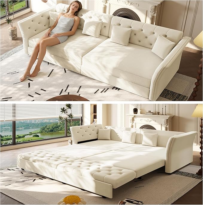 100 King Size Sleeper Sofa Bed 3-in-1 Convertible Pull Out Chesterfield Sleeper Couch Oversized Velvet Flower Button Tufted 4-Seat Sofa for Living Room Apartment (Beige White)