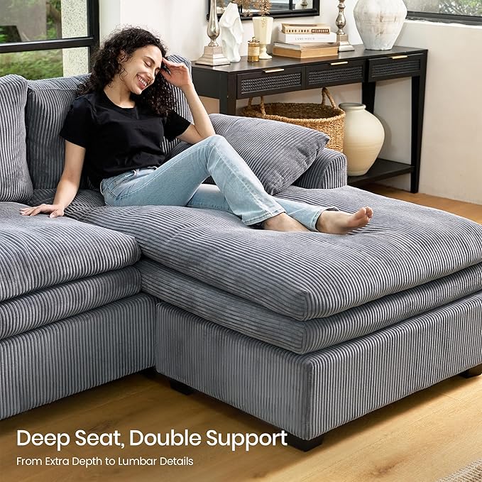 Belffin Chaise Module for Large Modular Sectional Sofa Upholstered Left-Facing Chaise Part for Plush Corduroy Sectional Couches for Living Room Apartment Light Grey