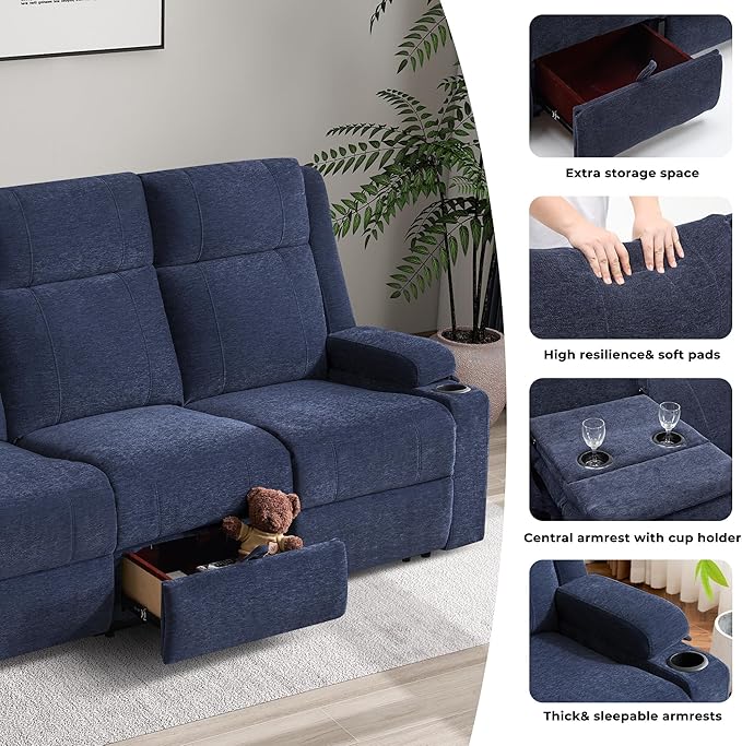 Large Manual Reclining Sofa 3-Seater Chenille Recliner Couch with Cup Holders Wide Seat Easy Assembly &amp Spill-Resistant Fabric Cozy Reclining Sofa for Living Room Apartment RV Blue