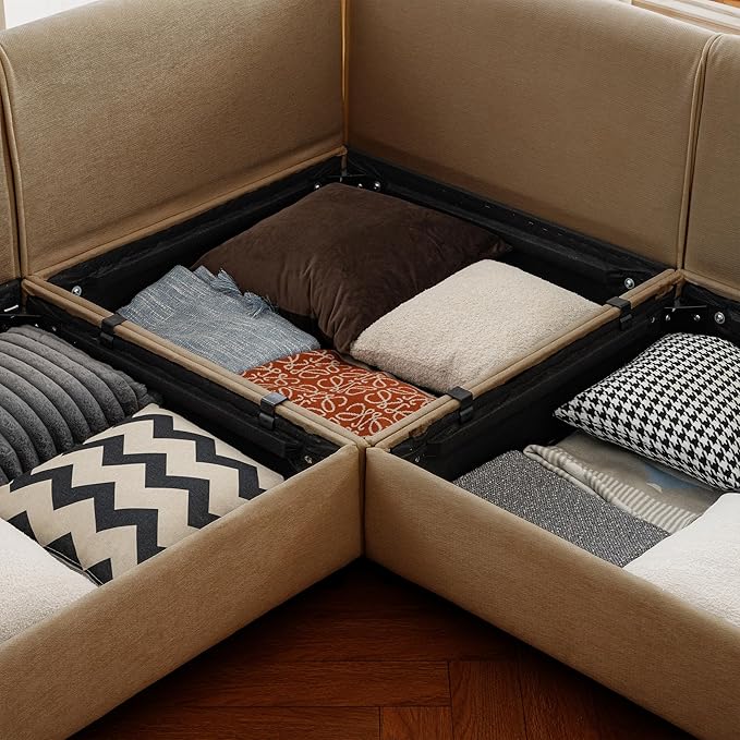 109 inch Cloud Modular 3 Seater Sofa with Storage Ottoman Modern Upholstered Storage Sofa Couch Deep Seat L Shape Sectional Sofa Chenille Comfy Couch for Living Room Apartment Camel
