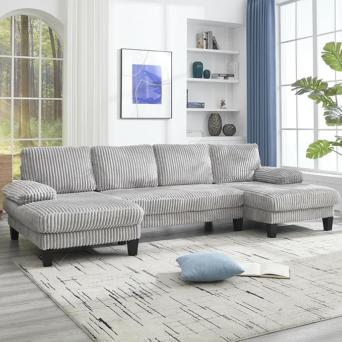 KEIKI 114 U-Shaped Oversized Modular Velvet Sectional Sofa with 2 Chaise Lounge Modern Style Upholstered 4-Seater Couch with Soft Seat Cushions Easy Assembly for Apartment Living Room Light Gray