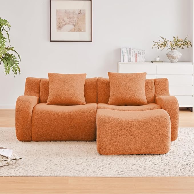 KEIKI 83 L-Shaped Teddy Modular Sectional Loveseat Sofa with 1 Ottoman &amp High-Density Foam Cushions &amp Curved Armrest &amp 2 Pillows Streamlined Design Boneless 2-Seater Couch for Living Ro