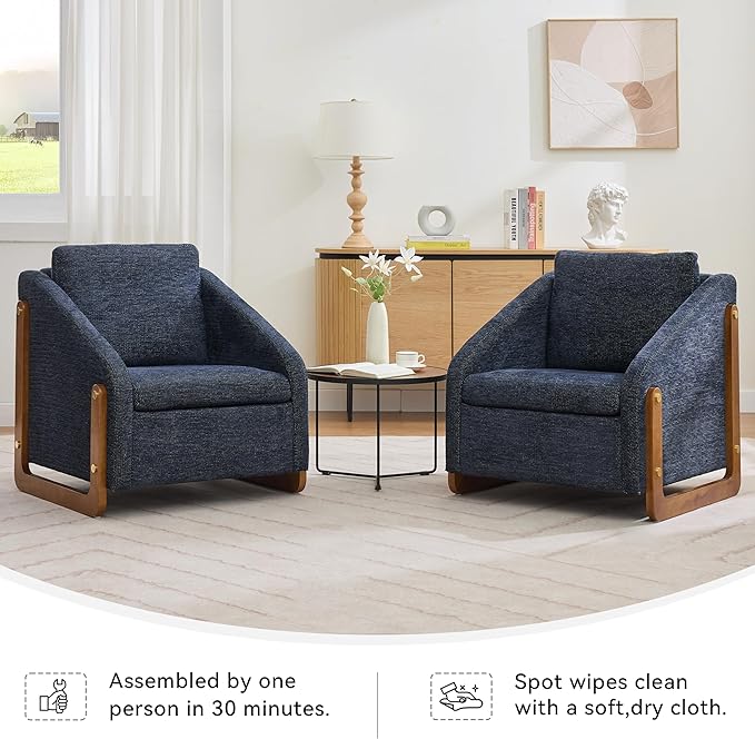 Modern Upholstered Living Room ChairsComfy Chenille Fabric Accent Armchair with Wooden Side FrameSoft Cushion Seat and Backrest Reading Sofa Chair for Bedroom Office (Blue Set of 2)