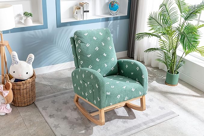 Setawix Teddy Rocking Chair for Nursery Midcentury Modern Accent Rocker Armchair with Side Pocket Upholstered High Back Wooden Rocking Chair for Living Room Baby Room Bedroom (Green Alphabet)