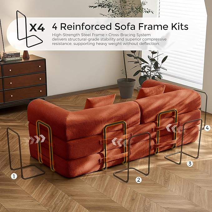 79 Convertible Sofa Bed with Fixed-Shape Frame &amp Removable Armrests Modular Corduroy Sleeper Sofa Folding Mattress Couch for Small Spaces - No Assembly Needed in Orange (Includes 2 Pillows)
