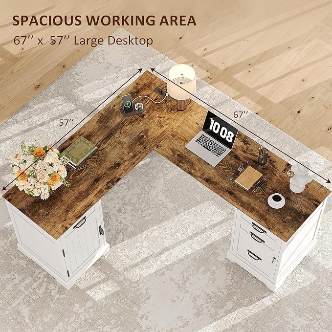 Whalefall Farmhouse L Shaped Desk with Drawers 67 Inch Executive Home Office Desk with File Cabinet Computer Corner Desk with Charging Station White