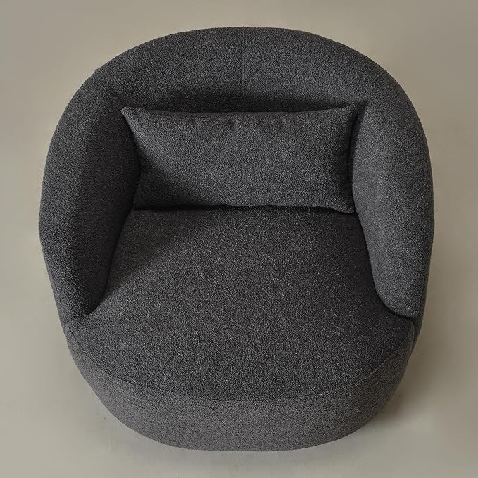 KINWELL 34 Wide Boucle Swivel Barrel Chair No Assembly Round Upholstered Armchair Accent Chair Single Sofa Chair with Toss Pillow for Living Room and Bedroom Dark Grey