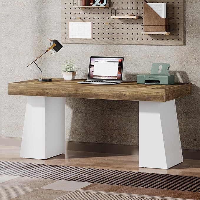 Tribesigns 55 Inches Executive Desk Mid-Century Modern Home Office Desk Wood Computer Table Business Workstation Small Conference Table White &amp Brown